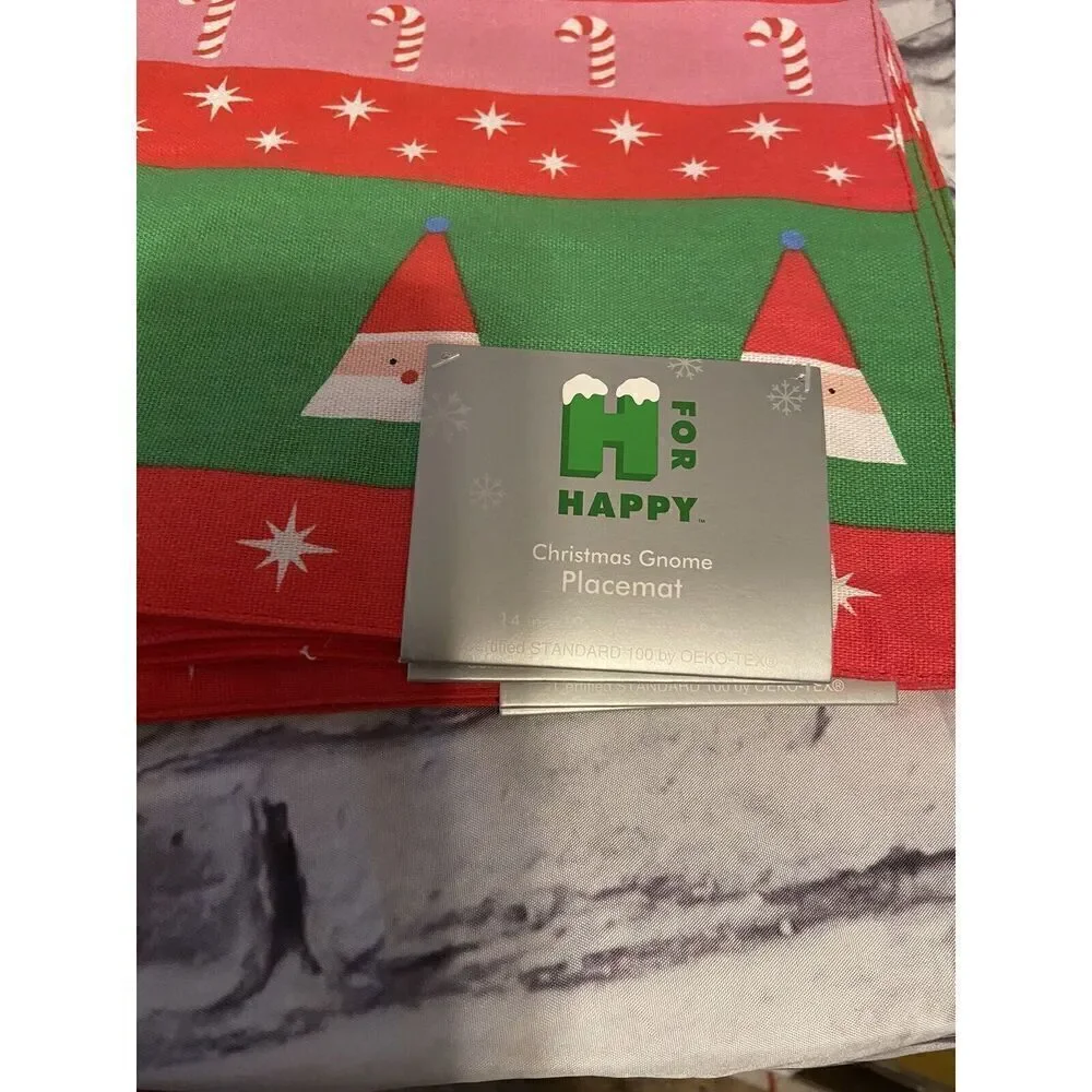 New Christmas Gnome, Candy Cane Placemats Set of 7 Measures 14x 19‎ Inch